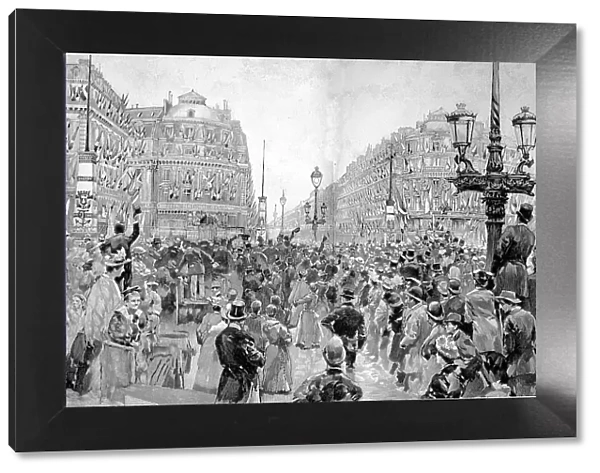 Historical illustration showing the visit of the Russian Mediterranean Corps to Paris, France, here the square at the Opera upon the arrival of the Russian officers, Historical, digitally restored reproduction of an original 19th century artwork
