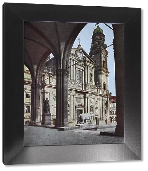 Historic photograph circa 1880 of the Feldherrnhalle and Theatine Church in Munich, Bavaria, Germany, historic, digitally restored reproduction of a 19th century original