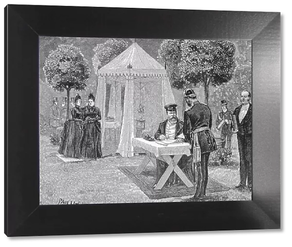Emperor Heinrich in front of his marquee, signing documents, original drawing by Paul Heydel, Germany, historical, digitally restored reproduction of a 19th century original