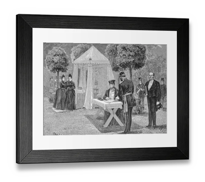 Framed Print : Emperor Heinrich in front of his marquee, signing documents, original drawing by Paul Heydel, Germany, historical, digitally restored reproduction of a 19th century original Framed Print : Emperor Heinrich in front of his marquee, signing documents, original drawing by Paul Heydel, Germany, historical, digitally restored reproduction of a 19th century original