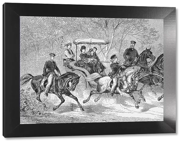 Crown Prince Frederick William with his family on a ride with horses and carriage, Germany, historical, digitally restored reproduction of a 19th century original