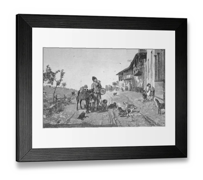 Framed Print : A restless impresario, street artist with donkey and dogs shows tricks in the street, painting by Giovanni Battista Quadrone, Italy, historical, digitally restored reproduction of a 19th century original Framed Print : A restless impresario, street artist with donkey and dogs shows tricks in the street, painting by Giovanni Battista Quadrone, Italy, historical, digitally restored reproduction of a 19th century original