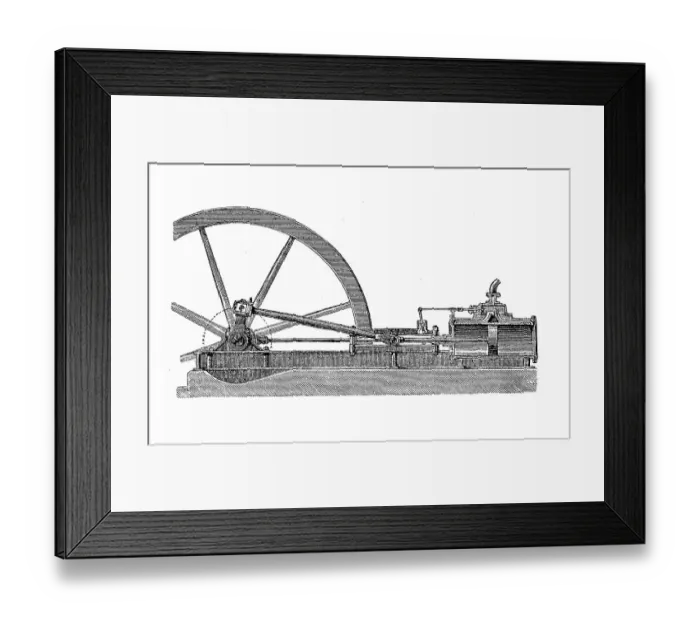 Framed Print : Horizontal steam engine with base plate, 1880, Germany, Historic, digitally restored reproduction of an original from the 19th century, exact original date not known Framed Print : Horizontal steam engine with base plate, 1880, Germany, Historic, digitally restored reproduction of an original from the 19th century, exact original date not known