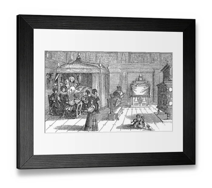 Framed Print : Cultural condition in the 17th century, childbed room, Germany, Historic, digitally restored reproduction of a 19th century original, exact original date unknown Framed Print : Cultural condition in the 17th century, childbed room, Germany, Historic, digitally restored reproduction of a 19th century original, exact original date unknown