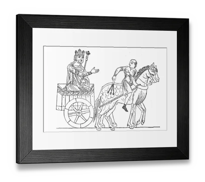 Framed Print : Cultural state in the 12th century, king in a horse-drawn carriage, after a picture in the manuscript of the Hortus deliciarum of Herrad of Landsberg, Germany, Historic, digitally restored reproduction of an original from the 19th century