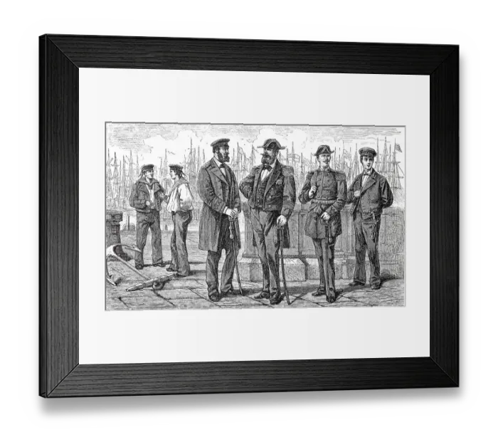 Framed Print : Uniforms of the German Navy (from left) Sailors, corvette captain in overcoat, admiral, lieutenant at sea, sea cadet, 1880, Germany, Historic, digitally restored reproduction of an original 19th century pattern, exact original date unknown Framed Print : Uniforms of the German Navy (from left) Sailors, corvette captain in overcoat, admiral, lieutenant at sea, sea cadet, 1880, Germany, Historic, digitally restored reproduction of an original 19th century pattern, exact original date unknown