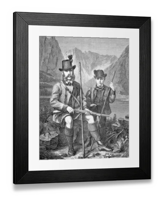 Framed Print : Emperor Franz Joseph I of Austria and Rudolf, Crown Prince of Austria hunting chamois in the Austrian Alps, Austria, Historic, digitally restored reproduction of a 19th century original, exact original date unknown