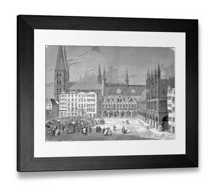 Framed Print : City Hall and St. Mary's Church and Hospital to the Holy Spirit, Luebeck, Market Square, Schleswig-Holstein, Germany, Historic, digitally restored reproduction of an original 19th century painting, exact original date unknown Framed Print : City Hall and St. Mary's Church and Hospital to the Holy Spirit, Luebeck, Market Square, Schleswig-Holstein, Germany, Historic, digitally restored reproduction of an original 19th century painting, exact original date unknown