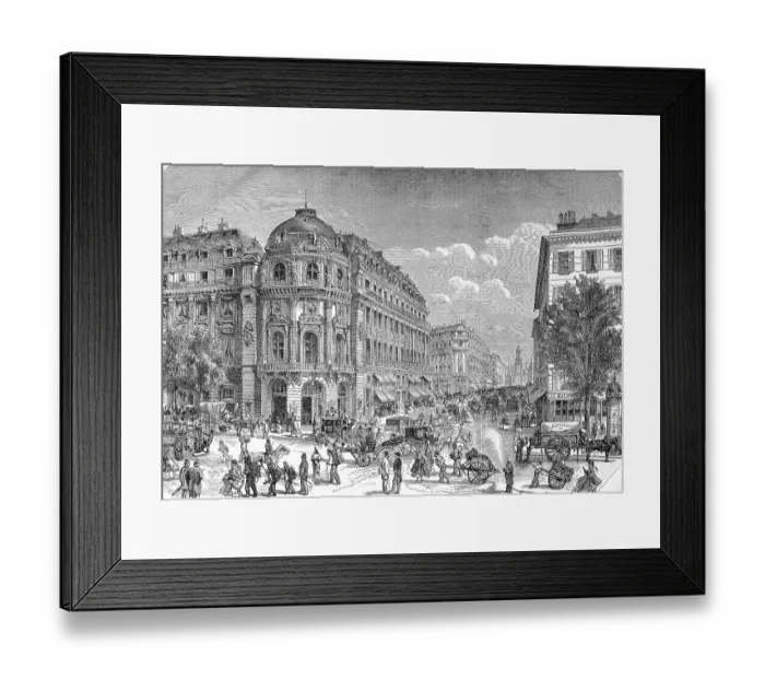Framed Print : Traffic and people in the street Boulevard des Capucines, Chaussee d Antin and the new theatre in Paris, France, Theatre du Vaudeville 1869, later Paramount Opera films and Gaumont Opera, Historic, digitally restored reproduction of an original 19th Framed Print : Traffic and people in the street Boulevard des Capucines, Chaussee d Antin and the new theatre in Paris, France, Theatre du Vaudeville 1869, later Paramount Opera films and Gaumont Opera, Historic, digitally restored reproduction of an original 19th