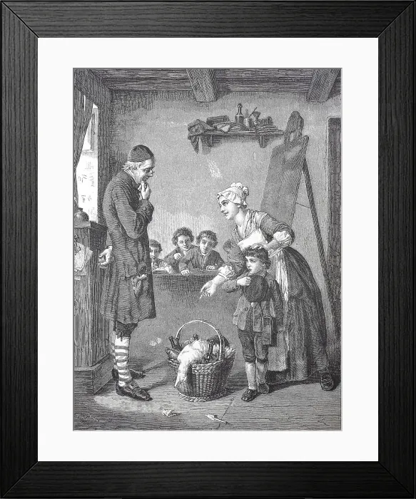 Framed Print : At school, in the classroom, with teachers and pupils, a mother has brought a present, a basket with a slaughtered duck and bottles of beer, c. 1885, Germany, Historic, digitally restored reproduction of a 19th century original Framed Print : At school, in the classroom, with teachers and pupils, a mother has brought a present, a basket with a slaughtered duck and bottles of beer, c. 1885, Germany, Historic, digitally restored reproduction of a 19th century original