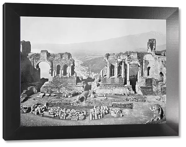 Historical photo (ca 1880) of the Teatro Greco, Greek theatre, Taormina, Sicily, Italy, Historical, digitally restored reproduction of an original 19th century original, exact original date unknown