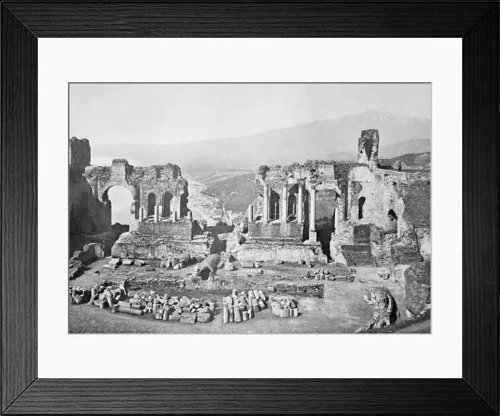 Framed Print : Historical photo (ca 1880) of the Teatro Greco, Greek theatre, Taormina, Sicily, Italy, Historical, digitally restored reproduction of an original 19th century original, exact original date unknown Framed Print : Historical photo (ca 1880) of the Teatro Greco, Greek theatre, Taormina, Sicily, Italy, Historical, digitally restored reproduction of an original 19th century original, exact original date unknown