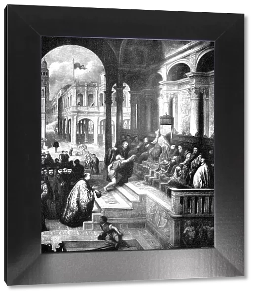 Historic photo (ca 1880) of The Fisherman in front of the Doge of Venice, Venice, painting by Paris Bordone, Italy, Historic, digitally restored reproduction of a 19th century original, exact original date unknown