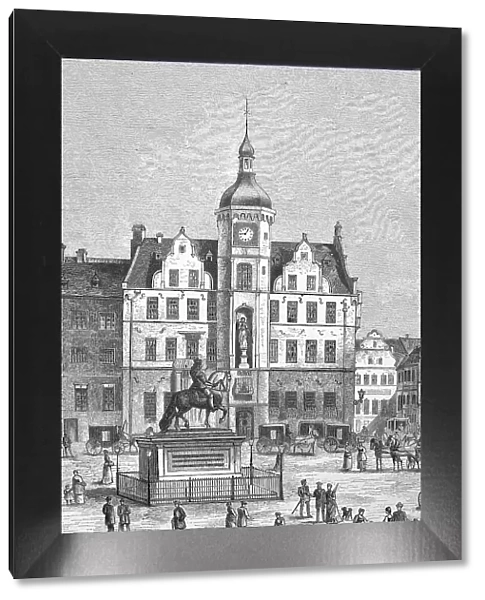 Historical illustration of the old town hall of Duesseldorf, Germany, Historic, digitally restored reproduction of an original artwork from the 19th century, exact original date unknown