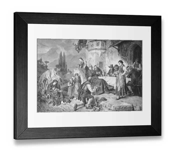 Framed Print : Historical illustration of a travelling merchant with crosses, crucifixes, Lord God merchant offering the crucifixes to people sitting in front of an inn, Bavaria, Germany, Historical, digitally restored reproduction of a 19th century original Framed Print : Historical illustration of a travelling merchant with crosses, crucifixes, Lord God merchant offering the crucifixes to people sitting in front of an inn, Bavaria, Germany, Historical, digitally restored reproduction of a 19th century original