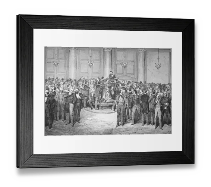 Framed Print : Historical illustration of the lunch break at the stock exchange in Berlin, Germany, bankers, stock exchange traders, businessmen standing together, Historical, digitally restored reproduction of an original artwork from the 19th century Framed Print : Historical illustration of the lunch break at the stock exchange in Berlin, Germany, bankers, stock exchange traders, businessmen standing together, Historical, digitally restored reproduction of an original artwork from the 19th century