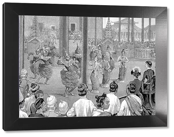 Historical image of the Government Palace of Mandalay, Burma, Myanmar, with a pantomime show for the visitors, Historical, digitally restored reproduction of an original 19th century artwork, exact original date unknown