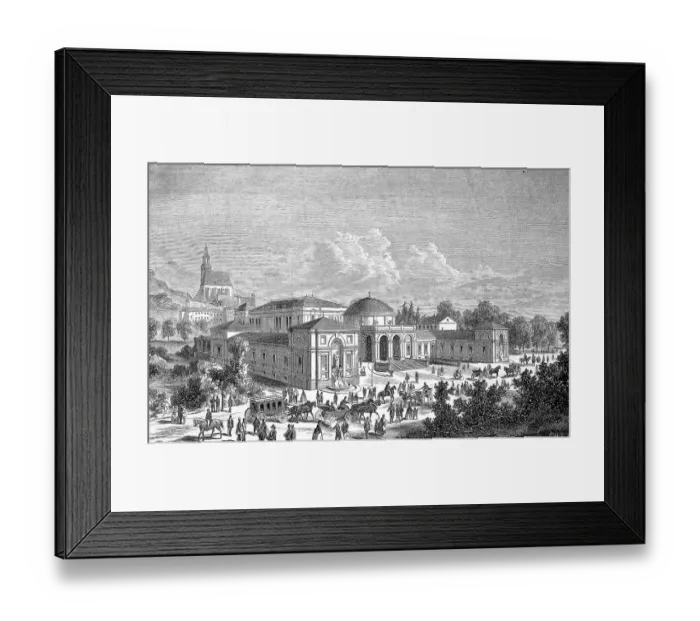 Framed Print : Carriages and people in front of the old bathhouse in Salzburg, Austria, Historic, digitally restored reproduction of an original 19th century painting, exact original date unknown Framed Print : Carriages and people in front of the old bathhouse in Salzburg, Austria, Historic, digitally restored reproduction of an original 19th century painting, exact original date unknown