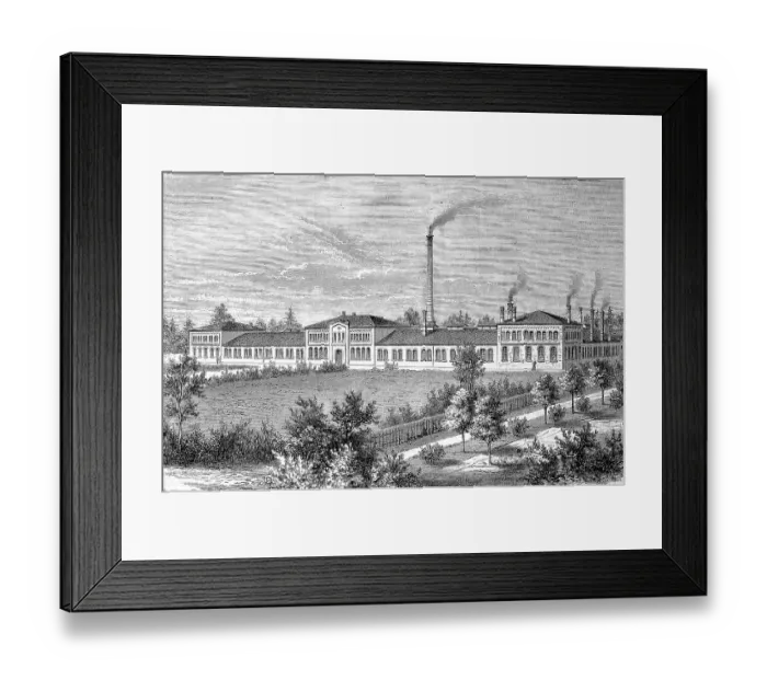 Framed Print : Company building 1880, Dick and Kirschten was an important manufacturer of carriages and wagons in Offenbach am Main, Germany, Historic, digitally restored reproduction of an original 19th-century artwork, exact original date unknown
