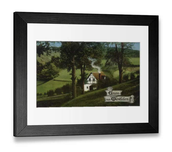 Framed Print : Old Westphalian farmhouse, greeting from Westphalia, Germany, postcard with text, view around ca 1910, historical, digital reproduction of a historical postcard, public domain, from that time, exact date unknown Framed Print : Old Westphalian farmhouse, greeting from Westphalia, Germany, postcard with text, view around ca 1910, historical, digital reproduction of a historical postcard, public domain, from that time, exact date unknown