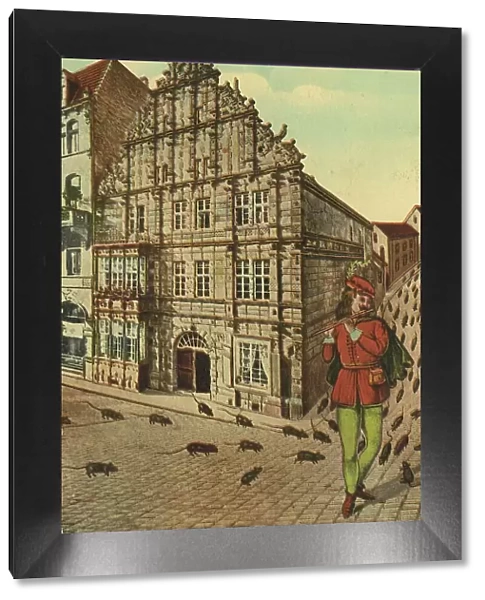 The Pied Pipers House in Hamelin, Lower Saxony, Germany, postcard with text, view around ca 1910, historical, digital reproduction of a historical postcard, public domain, from that time, exact date unknown