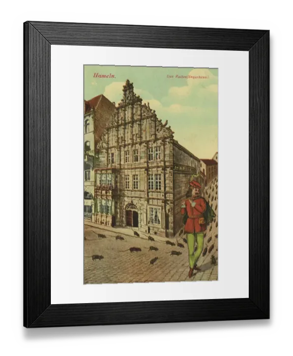Framed Print : The Pied Pipers House in Hamelin, Lower Saxony, Germany, postcard with text, view around ca 1910, historical, digital reproduction of a historical postcard, public domain, from that time, exact date unknown Framed Print : The Pied Pipers House in Hamelin, Lower Saxony, Germany, postcard with text, view around ca 1910, historical, digital reproduction of a historical postcard, public domain, from that time, exact date unknown