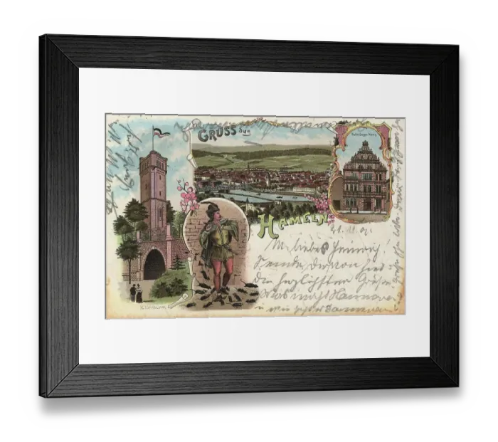 Framed Print : The Pied Pipers House in Hamelin, Lower Saxony, Germany, postcard with text, view around ca 1910, historical, digital reproduction of a historical postcard, public domain, from that time, exact date unknown Framed Print : The Pied Pipers House in Hamelin, Lower Saxony, Germany, postcard with text, view around ca 1910, historical, digital reproduction of a historical postcard, public domain, from that time, exact date unknown