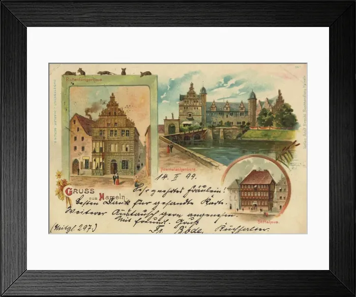 Framed Print : The Pied Pipers House in Hamelin, Lower Saxony, Germany, postcard with text, view around ca 1910, historical, digital reproduction of a historical postcard, public domain, from that time, exact date unknown