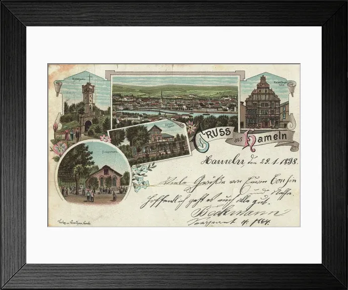 Framed Print : Greeting from Hameln, Lower Saxony, Germany, postcard with text, view around ca 1910, historical, digital reproduction of a historical postcard, public domain, from that time, exact date unknown Framed Print : Greeting from Hameln, Lower Saxony, Germany, postcard with text, view around ca 1910, historical, digital reproduction of a historical postcard, public domain, from that time, exact date unknown