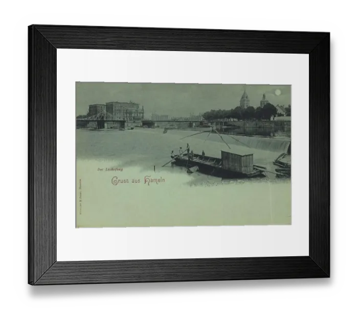 Framed Print : Salmon fishing in Hameln, Lower Saxony, Germany, postcard with text, view around ca 1910, historical, digital reproduction of a historical postcard, public domain, from that time, exact date unknown