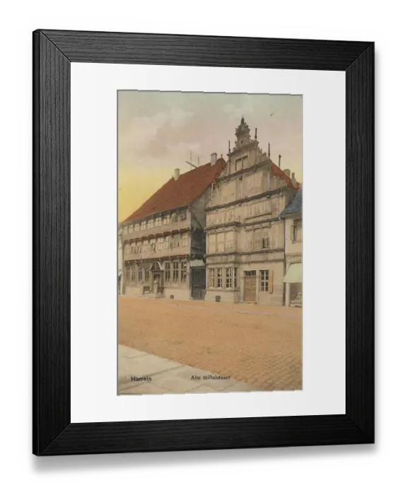 Framed Print : Old Collegiate Houses in Hameln, Lower Saxony, Germany, postcard with text, view around ca 1910, historical, digital reproduction of a historical postcard, public domain, from that time, exact date unknown Framed Print : Old Collegiate Houses in Hameln, Lower Saxony, Germany, postcard with text, view around ca 1910, historical, digital reproduction of a historical postcard, public domain, from that time, exact date unknown
