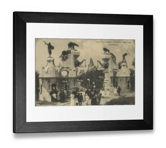 Framed Print : Main entrance to Hagenbeck Zoo, Hamburg, Germany, postcard with text, view circa 1910, historical, digital reproduction of a historical postcard, public domain, from that time, exact date unknown Framed Print : Main entrance to Hagenbeck Zoo, Hamburg, Germany, postcard with text, view circa 1910, historical, digital reproduction of a historical postcard, public domain, from that time, exact date unknown