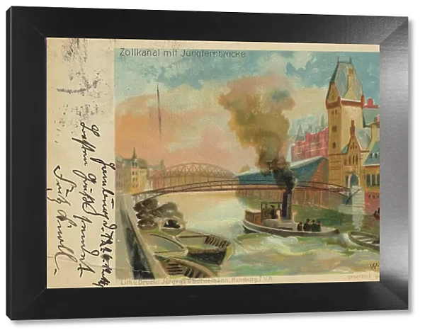 Zollkanal with Jungfernbruecke, Hamburg, Germany, postcard with text, view around ca 1910, historical, digital reproduction of a historical postcard, public domain, from that time, exact date unknown