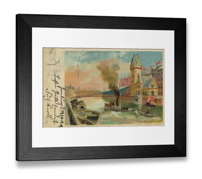 Framed Print : Zollkanal with Jungfernbruecke, Hamburg, Germany, postcard with text, view around ca 1910, historical, digital reproduction of a historical postcard, public domain, from that time, exact date unknown Framed Print : Zollkanal with Jungfernbruecke, Hamburg, Germany, postcard with text, view around ca 1910, historical, digital reproduction of a historical postcard, public domain, from that time, exact date unknown