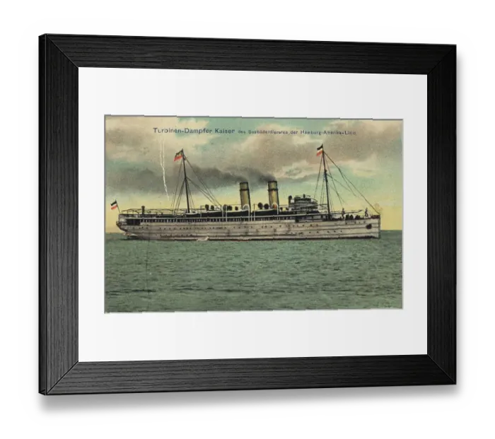 Framed Print : Turbine steamer Kaiser of the seaside resort service of the Hamburg-Amerika-Linie, Hamburg, Germany, postcard with text, view around ca 1910, historical, digital reproduction of a historical postcard, public domain, from that time Framed Print : Turbine steamer Kaiser of the seaside resort service of the Hamburg-Amerika-Linie, Hamburg, Germany, postcard with text, view around ca 1910, historical, digital reproduction of a historical postcard, public domain, from that time