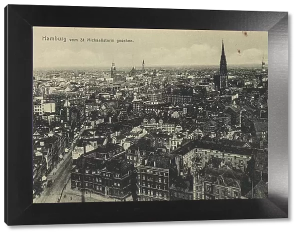 Panorama seen from St. Michaels Tower, Hamburg, Germany, postcard with text, view around ca 1910, Historic, digital reproduction of a historic postcard, public domain, from that time, exact date unknown