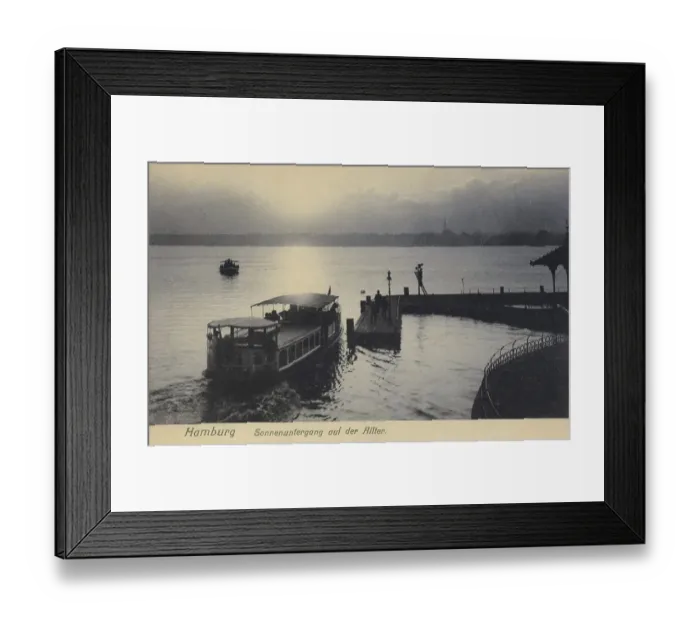 Framed Print : Sunset at the Alster, Hamburg, Germany, postcard with text, view around ca 1910, historical, digital reproduction of a historical postcard, public domain, from that time, exact date unknown Framed Print : Sunset at the Alster, Hamburg, Germany, postcard with text, view around ca 1910, historical, digital reproduction of a historical postcard, public domain, from that time, exact date unknown