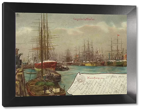 Sailing ships in the harbour, Hamburg, Germany, postcard with text, view around ca 1910, historical, digital reproduction of a historical postcard, public domain, from that time, exact date unknown