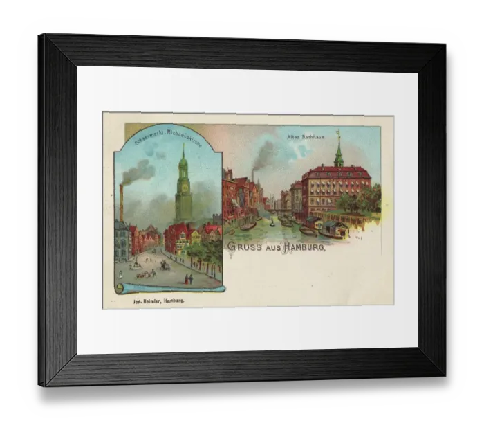 Framed Print : Schaermarkt with St. Michaels church and old town hall, Hamburg, Germany, postcard with text, view around ca 1910, historical, digital reproduction of a historical postcard, public domain, from that time, exact date unknown