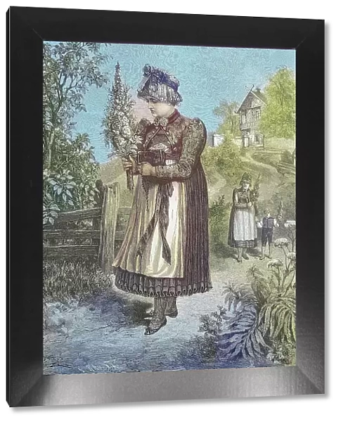 Woman in the traditional traditional costume of Dachau, Bavaria, Germany, on her way to the herb consecration, with a herb bush, Historic, digitally restored reproduction from a 19th century original
