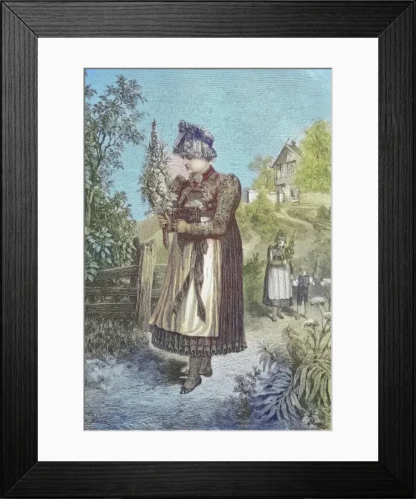 Framed Print : Woman in the traditional traditional costume of Dachau, Bavaria, Germany, on her way to the herb consecration, with a herb bush, Historic, digitally restored reproduction from a 19th century original Framed Print : Woman in the traditional traditional costume of Dachau, Bavaria, Germany, on her way to the herb consecration, with a herb bush, Historic, digitally restored reproduction from a 19th century original