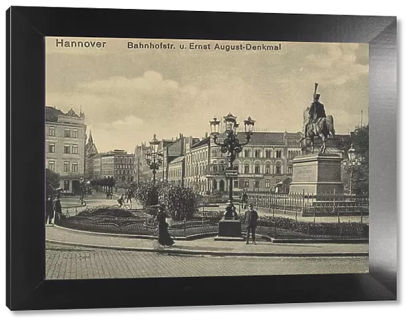Bahnhofstrasse and Ernst August Monument, Hannover, Lower Saxony, Germany, postcard with text, view around ca 1910, Historic, digital reproduction of a historic postcard, public domain, from that time, exact date unknown