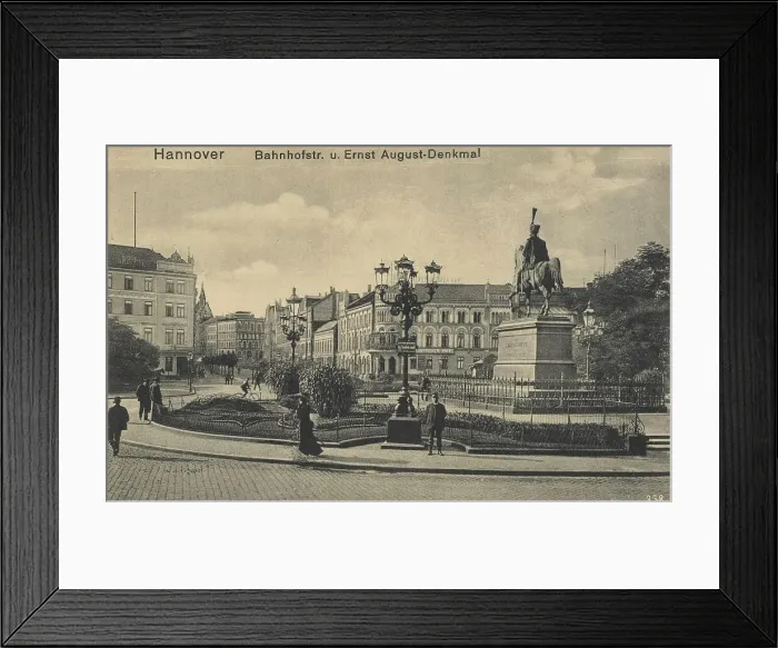 Framed Print : Bahnhofstrasse and Ernst August Monument, Hannover, Lower Saxony, Germany, postcard with text, view around ca 1910, Historic, digital reproduction of a historic postcard, public domain, from that time, exact date unknown Framed Print : Bahnhofstrasse and Ernst August Monument, Hannover, Lower Saxony, Germany, postcard with text, view around ca 1910, Historic, digital reproduction of a historic postcard, public domain, from that time, exact date unknown