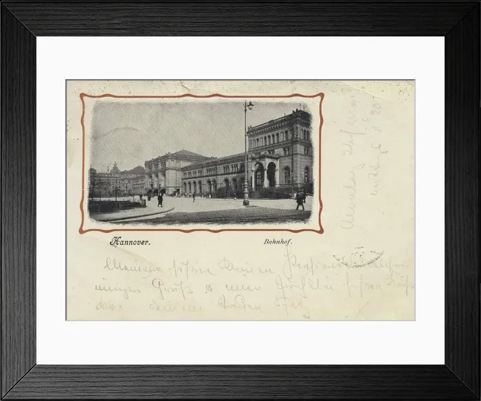 Framed Print : Railway station, Hannover, Lower Saxony, Germany, postcard with text, view around ca 1910, historical, digital reproduction of a historical postcard, public domain, from that time, exact date unknown Framed Print : Railway station, Hannover, Lower Saxony, Germany, postcard with text, view around ca 1910, historical, digital reproduction of a historical postcard, public domain, from that time, exact date unknown