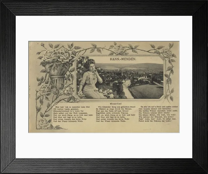 Framed Print : Weserlied in Hannoversch Muenden, Hann. Muenden, Lower Saxony, Germany, postcard with text, view around ca 1910, historical, digital reproduction of a historical postcard, public domain, from that time, exact date unknown Framed Print : Weserlied in Hannoversch Muenden, Hann. Muenden, Lower Saxony, Germany, postcard with text, view around ca 1910, historical, digital reproduction of a historical postcard, public domain, from that time, exact date unknown