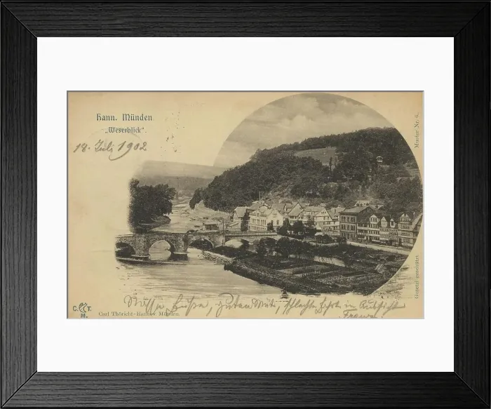 Framed Print : Weserblick in Hannoversch Muenden, Hann. Muenden, Lower Saxony, Germany, postcard with text, view around ca 1910, historical, digital reproduction of a historical postcard, public domain, from that time, exact date unknown Framed Print : Weserblick in Hannoversch Muenden, Hann. Muenden, Lower Saxony, Germany, postcard with text, view around ca 1910, historical, digital reproduction of a historical postcard, public domain, from that time, exact date unknown
