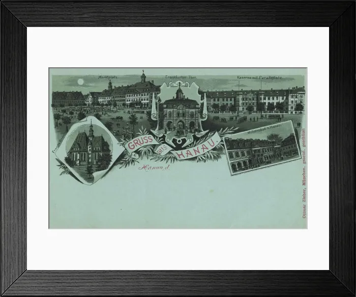 Framed Print : Hanau, Hesse, Germany, postcard with text, view around ca 1910, historical, digital reproduction of a historical postcard, public domain, from that time, exact date unknown Framed Print : Hanau, Hesse, Germany, postcard with text, view around ca 1910, historical, digital reproduction of a historical postcard, public domain, from that time, exact date unknown
