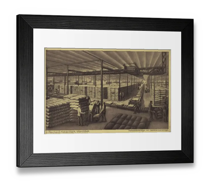 Framed Print : Reichardt Kakaowerk, Wandsbek, cocoa bean warehouse with bag transport system, Hamburg, Germany, postcard with text, view circa 1910, Historic, digital reproduction of a historic postcard, public domain, from the period, exact date unknown Framed Print : Reichardt Kakaowerk, Wandsbek, cocoa bean warehouse with bag transport system, Hamburg, Germany, postcard with text, view circa 1910, Historic, digital reproduction of a historic postcard, public domain, from the period, exact date unknown