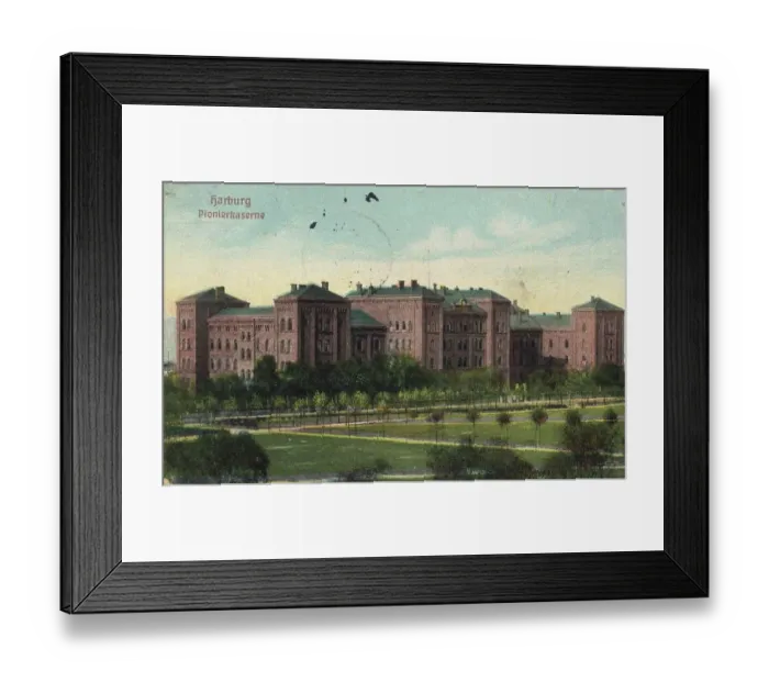 Framed Print : Pioneer barracks in Harburg, Hamburg, Germany, postcard with text, view around 1910, historical, digital reproduction of a historical postcard, public domain, from that time, exact date unknown Framed Print : Pioneer barracks in Harburg, Hamburg, Germany, postcard with text, view around 1910, historical, digital reproduction of a historical postcard, public domain, from that time, exact date unknown