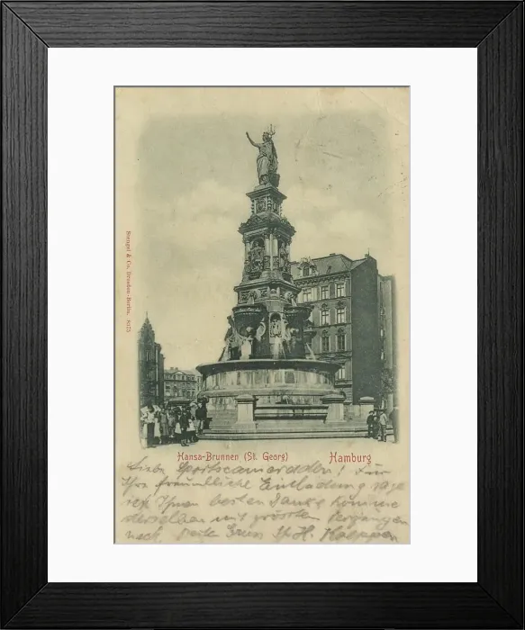 Framed Print : The Hansa Fountain, St. Georg, Hamburg, Germany, postcard with text, view circa 1910, historical, digital reproduction of a historical postcard, public domain, from that time, exact date unknown Framed Print : The Hansa Fountain, St. Georg, Hamburg, Germany, postcard with text, view circa 1910, historical, digital reproduction of a historical postcard, public domain, from that time, exact date unknown